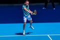 Professional tennis player Stefanos Tsitsipas of Greece in action during his quarter-final match at 2019 Australian Open