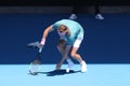 Professional tennis player Stefanos Tsitsipas of Greece lost tennis shoe during his quarter final match at Australian Open 2019 Royalty Free Stock Photo