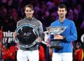 Rafael Nadal of Spain L and 2019 Australian Open champion Novak Djokovic during trophy presentation after men`s final match