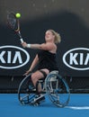 Tennis player Aniek Van Koot of Netherlands in action during Wheelchair Women`s Singles match at 2019 Australian Open in Melbourne