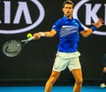 14 time Grand Slam Champion Novak Djokovic in action during his round 4 match at 2019 Australian Open in Melbourne Park Royalty Free Stock Photo