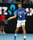 14 time Grand Slam Champion Novak Djokovic of Serbia in action during his final match against Rafael Nadal at 2019 Australian Open Royalty Free Stock Photo
