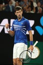 14 time Grand Slam Champion Novak Djokovic of Serbia in action during his final match against Rafael Nadal at 2019 Australian Open