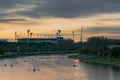 MELBOURNE, AUSTRALIA - 13 June 2020: Rowers on the Yarra River in front of the Melbourne Cricket Ground MCG