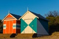 Melbourne, Australia - March 31, 2018: Colourful bathing boxes at Brighton Beach, a popular inner city beach. There are 82 bathing
