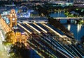 Flinders Street Railway Station in Melbourne CBD at night, multiple photos stacked to create train light trails Royalty Free Stock Photo