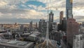 MELBOURNE, AUSTRALIA - SEPTEMBER 6, 2018: Aerial view of cityscape at sunset. More than 15 million tourists visit Melbourne Royalty Free Stock Photo