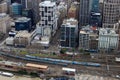 Melbourne buildings and railway trains from above