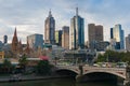 Melbourne CBD skyline and Princes Bridge with trams and traffic