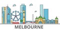 Melbourne city skyline, Buildings, streets, silhouette, architecture, landscape, panorama, landmarks. Editable strokes