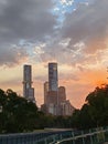 Melbourne city skyline sunset with herald sun building Royalty Free Stock Photo