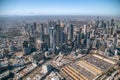 MELBOURNE - SEPTEMBER 8, 2018: Aerial view of city skyline and car parking from helicopter. Melbourne attracts 15 million people Royalty Free Stock Photo