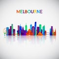 Melbourne skyline silhouette in colorful geometric style.