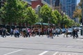 Melbourne street scene with Historic Tramway 35 and people crossing the street