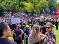 Melbourne, Victoria Australia - November 20 2021: Flagstaff Gardens Park Thousands of peaceful protestors gather fighting for