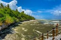 Melia Zanzibar beach on low tide. Panorama. Blue sky. View from pier