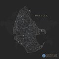 Melilla map abstract geometric mesh polygonal light concept with black and white glowing contour lines countries and dots