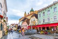 MELK, AUSTRIA - JULY 21, 2019: Restaurants with gardens on Town Hall Square on sunny summer day, Melk, Austria Royalty Free Stock Photo