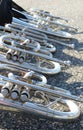 Mellophones on ground during marching band practice Royalty Free Stock Photo