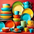 Melmac ceramic dish plate cup dinnerware stacked colors