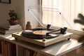 Melodic Moments Immersed in Music, Enjoying Vinyl Tunes in a Minimalistic Setting. created with Generative AI