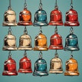 Melodic Pop: Vibrant Bells on a Blue Canvas, illustration of a selection of bells isolated on a blue background, pop art