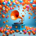 Melodic Whimsy: Orange Gramophone Amidst Colorful Balls on a Blue Background (3D Render