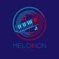 Melodion, music note with line staff circle shape logo icon outline stroke set dash line design illustration isolated on dark blue Royalty Free Stock Photo