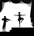 Melody for dancing, balerina dancing on the stage and violinist playing,