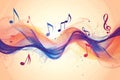 Melody flowing music wave abstract background showing colourful music notes which are musical notation symbols