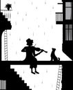 Melody for friend, silhouette dog and violinist in the city, shadows black and white, Royalty Free Stock Photo