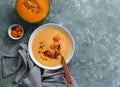 Melon cold soup, with jamon, typical spanish meal Royalty Free Stock Photo