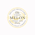 Melon Farm Round Frame Badge or Logo Template. Hand Drawn Fruit with Slice Sketch with Retro Typography and Borders