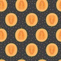 Melon half seamless pattern on black background with seed, Fresh cantaloupe melon pattern background Royalty Free Stock Photo