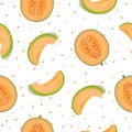 Melon half and slice seamless pattern on white background with seed, Fresh cantaloupe melon pattern background Royalty Free Stock Photo