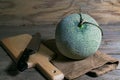 Melon and knife on cutting board Royalty Free Stock Photo