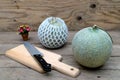 Melon and knife on cutting board Royalty Free Stock Photo