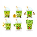 Melon milk with boba cartoon character with cute emoticon bring money