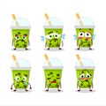 Melon milk with boba cartoon character with sad expression