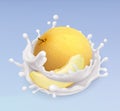 Melon and milk splash. Fruit and yogurt. 3d vector icon