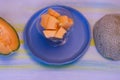 Melon pieces, on white table with blue plate Royalty Free Stock Photo