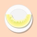 Melon slice yellow green fruit, healthy diet meal on plate. Vector illustration. Simple flat stock image. Juicy ripe dessert fruit