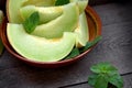 Melon slices in rustic bowl, organic and juicy succulent melon