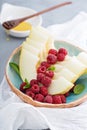 Melon slices served with raspberry and honey Royalty Free Stock Photo