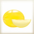 Melon sweet and juicy fruit, round yellow fruit, light yellow juicy pulp, smooth brilliant peel, piece of a ripe melon