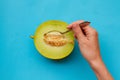 Melon Top view Half of ripe melon is lying on a table Photo in minimalist style with copy space