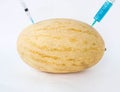 Melon on a white background in which enter gmo and nitrates, close-up, genetically modified organism, melon, nitrates Royalty Free Stock Photo