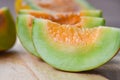 Melon yellow - Muskmelon sliced cantaloupe thai tropical fruit asian on wood background Royalty Free Stock Photo