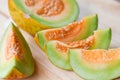 Melon yellow - Muskmelon sliced cantaloupe thai tropical fruit asian on wood background Royalty Free Stock Photo