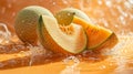 Melons Splashing in Water Against a Dreamy Orange Backdrop. Juicy Delight. Melons Background Royalty Free Stock Photo